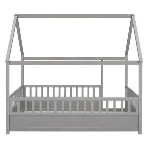 AZL1 Life Concept Beds Full Size Wooden House Frame Floor Bed with Secure Fencing, Playful and Safe Sleep Space for Kids, Grey, 79.53"*59.96"*73.86" - 1 of 4