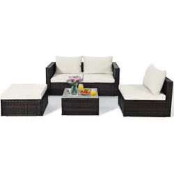 Tangkula 5-Piece Patio Rattan Conversation Set Ourdoor Sectional Cushioned Sofa with Table