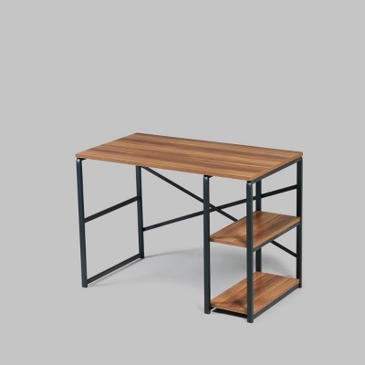 GlasFlength Desks Metal Frame 2 Shelves Computer Desk Gaming Desk Home Office Desk Simple Design for Small Spaces, Brown, 25"*47"*28"