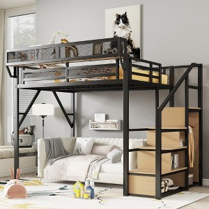 Full Size Loft Bed with Stairs, Storage Shelves and Wardrobe for Kids - 1 of 4
