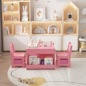 Garvee 3-Piece Kids Table and Chair Set, 4 in 1 Wooden Activity Table & 2 Chairs with Storage Drawer for Kids Drawing, Reading, Art - 1 of 4