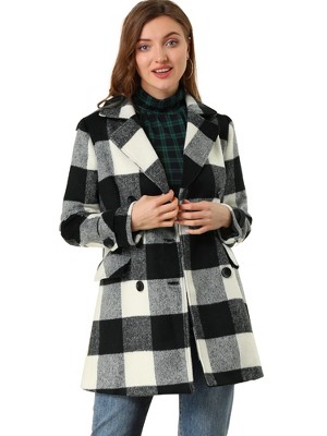 Allegra K Women's Notched Lapel Double Breasted Winter Plaids Overcoat