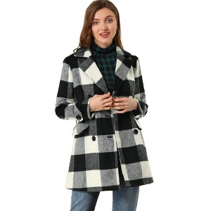 Allegra K Women's Notched Lapel Double Breasted Winter Plaids Overcoat - 1 of 4