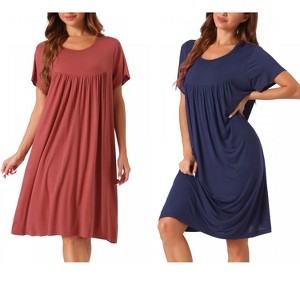 cheibear Women's Cotton Chest Pleat Design Loose Short Sleeve Cozy Nightgowns 2 Pcs - 1 of 4
