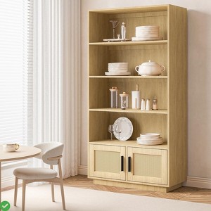 5-Tier Wooden Bookcase with Rattan Doors, Boho Tall Bookshelf with Open Shelves, Freestanding Storage for Living Room, Bedroom, Home Office, Kitchen - 1 of 4