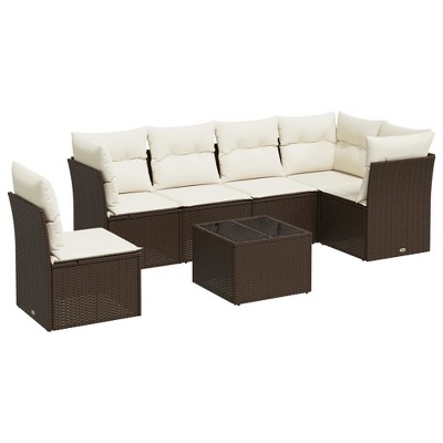 vidaXL Patio Sofa Set with Cushions Outdoor Conversation Furniture Poly Rattan - Brown and Cream Without Table