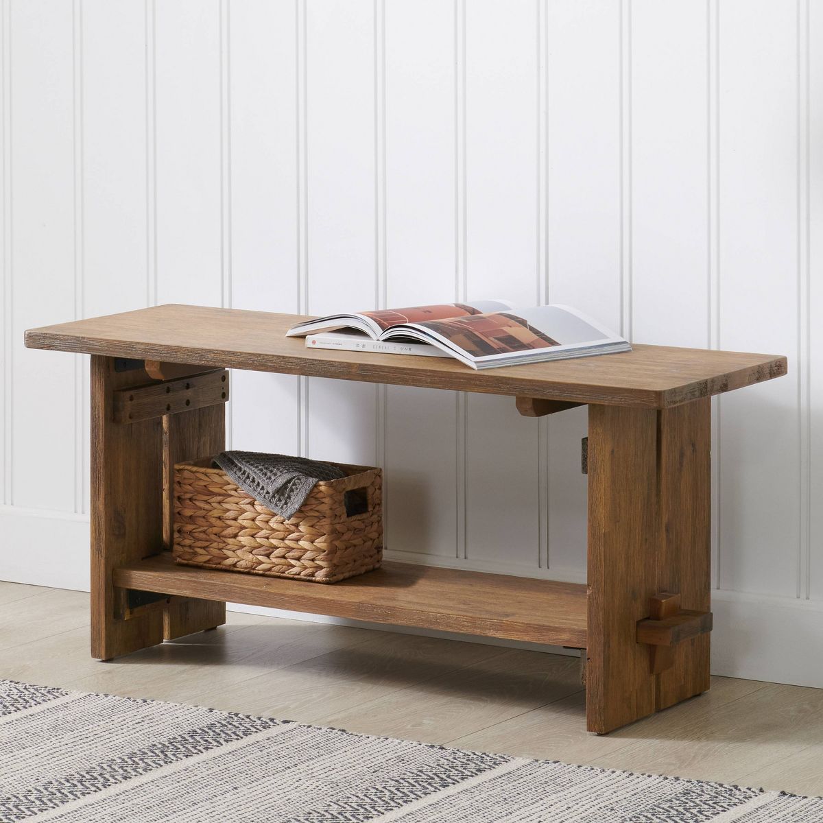 40" Bethel Acacia Wood Bench  - Alaterre Furniture: Rustic Bohemian Style, Solid Acacia Frame, Shelving & Storage