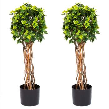 Set of 2 Single-Ball English Ivy Topiary - 30-Inch Faux Plants with UV-Resistant Leaves, Natural Trunks, and 7-Inch Diameter Pot by Pure Garden