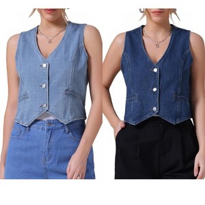 INSPIRE CHIC Women's Sleeveless V Neck Button Down Jean Crop Denim Tank Tops 2 Packs - 1 of 4