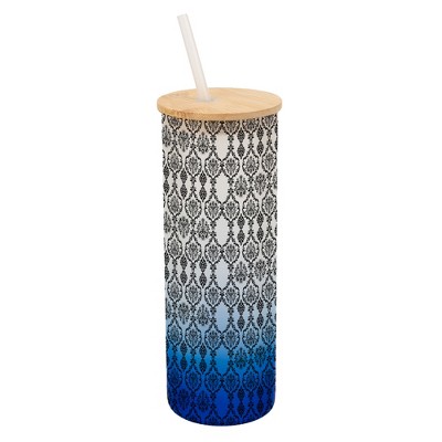 Elanze Designs Vintage Floral Damask Wallpaper Pattern Wrap-Around Design 25 Ounce Frosted Gradient Glass On-The-Go Coffee Travel Skinny Tumbler Mug