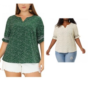 Women's Plus Size 2 Pieces Floral Boho Polka Dots Short Sleeve Cute Smocked Spring Blouses - Agnes Orinda - 1 of 4