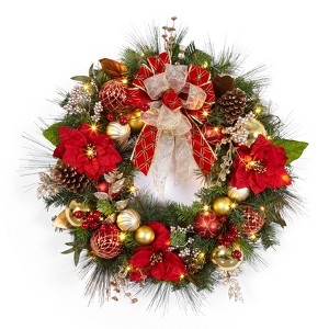 30 Inch Christmas Wreath, Lighted Large Outdoor Christmas Door Wreath with Red Gold Balls for Front Door Fireplace Window Holiday Home Decor - 1 of 4