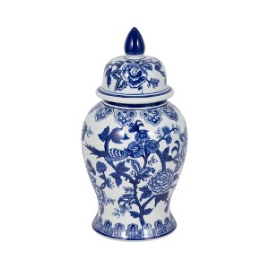 Sagebrook Home 14" Temple Jar - White and Blue Chinoiserie Design - Contemporary Glam Ceramic Temple Jar - 1 of 4