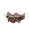 Zeus & Ruta 35.4" Walnut Round Coffee Table with Glass Top, Geometric Art Deco Base & Storage Shelves - 2 of 4