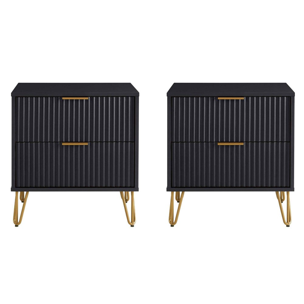 Manhattan Comfort Set of 2 Dumbo 2 Drawer Nightstands Black: Modern Bedside Storage, MDF Frame, Metal Glides