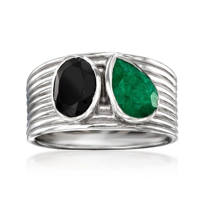 Ross-Simons Onyx and 1.30 Carat Emerald Toi Et Moi Ring in Sterling Silver