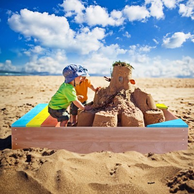 VYNXARIA Children's Wooden Sandbox, Sandpit ,Kids Wood Playset Outdoor Backyard ,47.25"L x47.25"W x 7.87"H,Golden Red