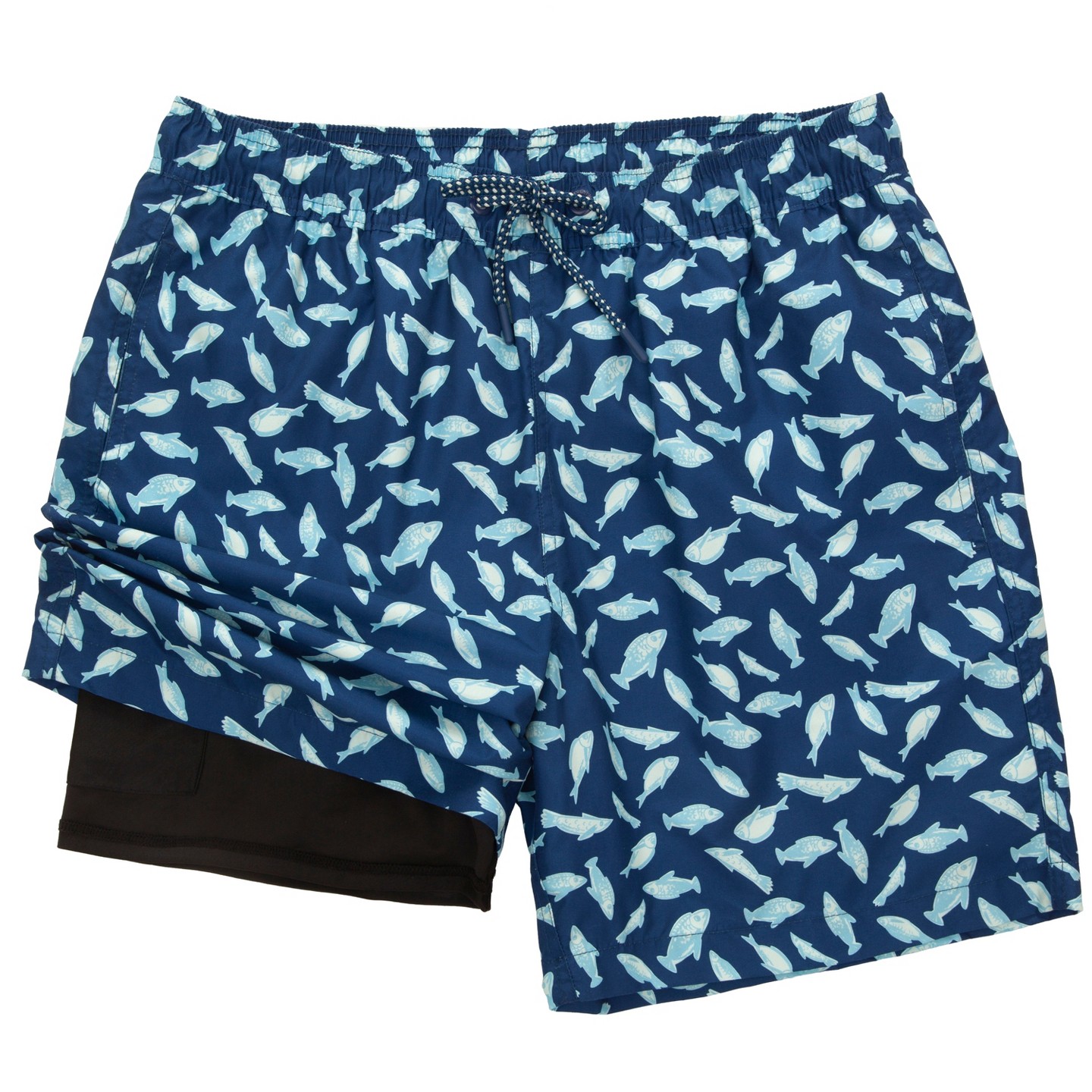 Мужские шорты Rokka&Rolla 7'' Pattern Swim Shorts with Compression Liner-Blue Tropical Print, size Medium, цвет: Тёмно-синий — фото 2