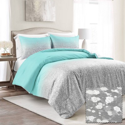 3pc Full/Queen Glitter Ombre Metallic Print Comforter Set Aqua/Gray - Lush Décor