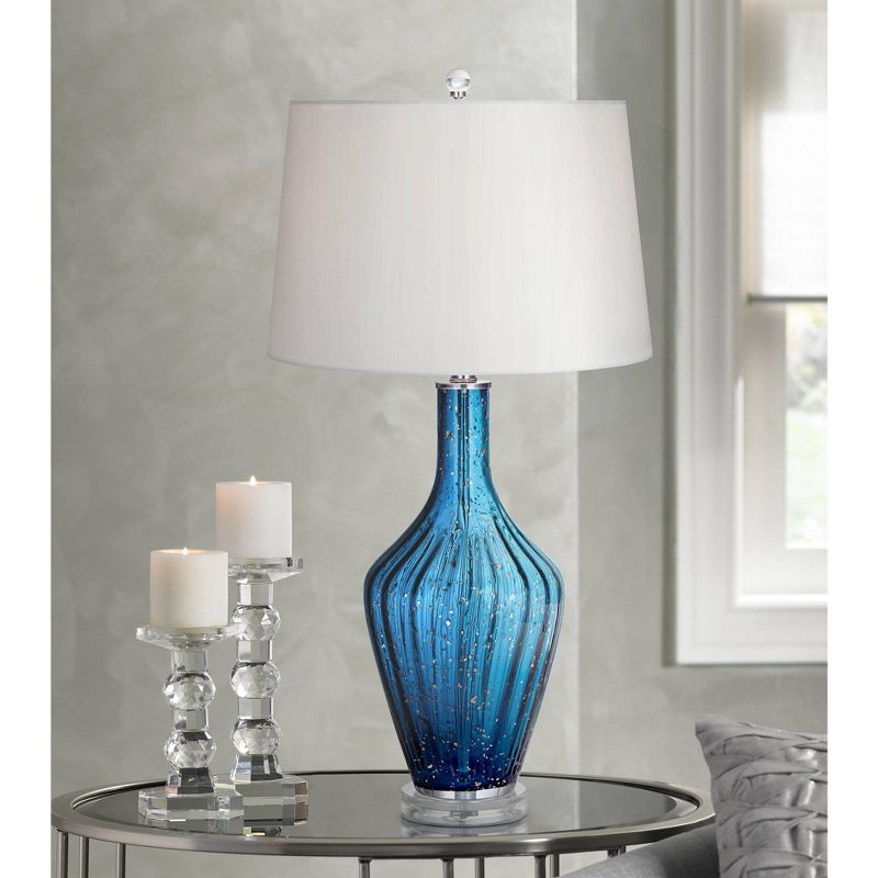 Possini Euro Design Elin Modern Coastal Table Lamp 29" Tall Blue Fluted Art Glass Vase White Drum Shade for Bedroom Living Room Bedside Nightstand, 2 of 9