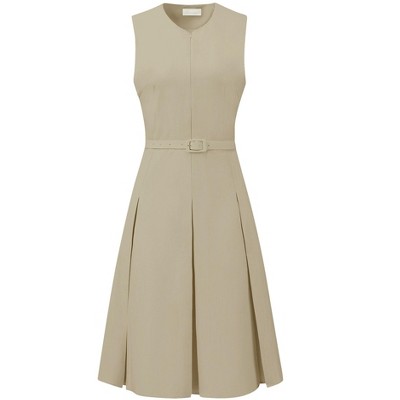 INSPIRE CHIC Women's Round Neck Sleeveless Zip Front Belted Fit Flare Work Dresses