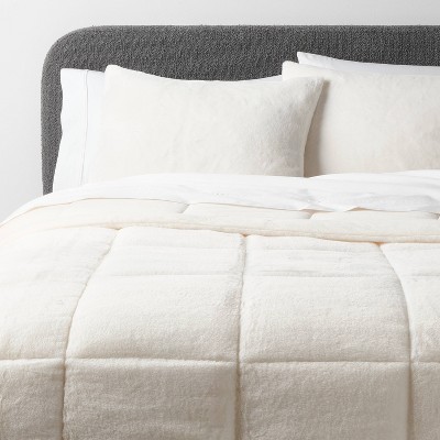 Full/Queen Box Stitch Faux Fur Comforter and Sham Set Ivory - Threshold