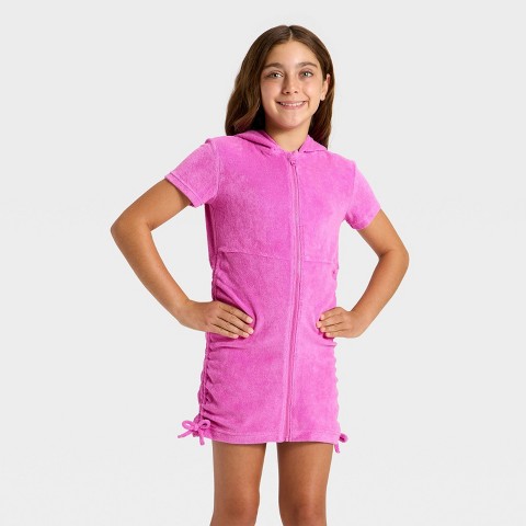 Cat & Jack Girls' Side Cinched Terry Zip-Up Swimsuit Cover-Up - Cat & Jack™ Purple S