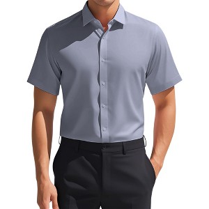 INSPIRE CHIC Men's Short Sleeve Stretch Lightweight Business Solid Formal Button Down Shirts - 1 of 4