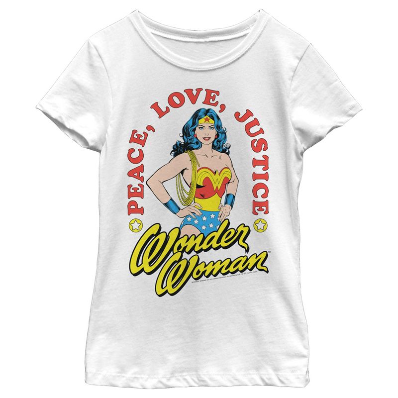 Girl's Wonder Woman Peace Love Justice Poster T-Shirt, 1 of 5