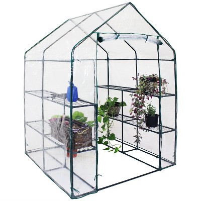 Clear PVC Walk-In Greenhouse with 4 Steel Shelves