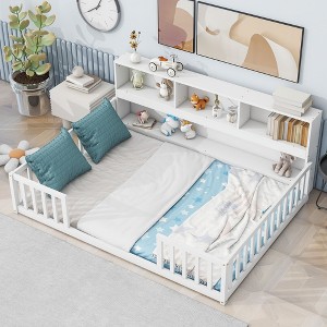 Okak Twin/Full Size Bed Frame with Bedside Bookcase & Guardrails,Storage Floor Bed for Toddlers/Kids Bedroom - 1 of 4