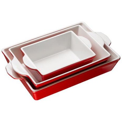 Cherry Red Ceramic Rectangular Baking Dishes Set of 3