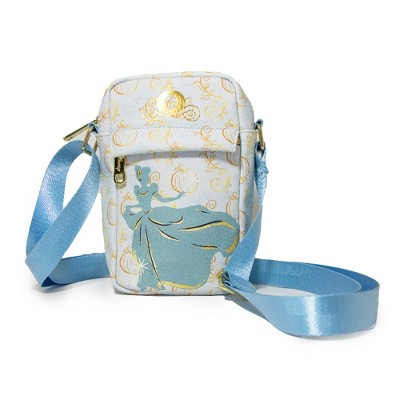 Disney Bag, Crossbody, Cinderella Running Pose Silhouette and Carriage, Blues Golds, Vegan Leather