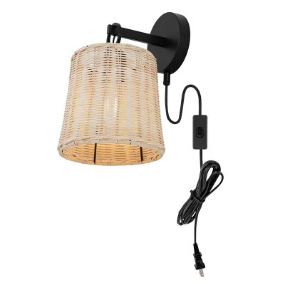 Ciaran Black Metal Wall Sconce with Rattan Shade