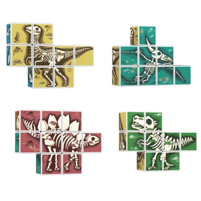 PICASSO-TILES 9 PC Dinosaur Fossil Theme Magnetic Building Puzzle Cubes Set for Kids Ages 3+