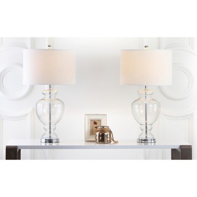 Clear Glass Table Lamp Set with Silver Fittings and Off-White Shade