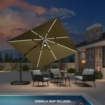 PURPLE LEAF 10x10 Ft Cantilever Umbrella Square Solar Powered LED Outdoor Patio Umbrella with 360°Rotation Adjustable With Base