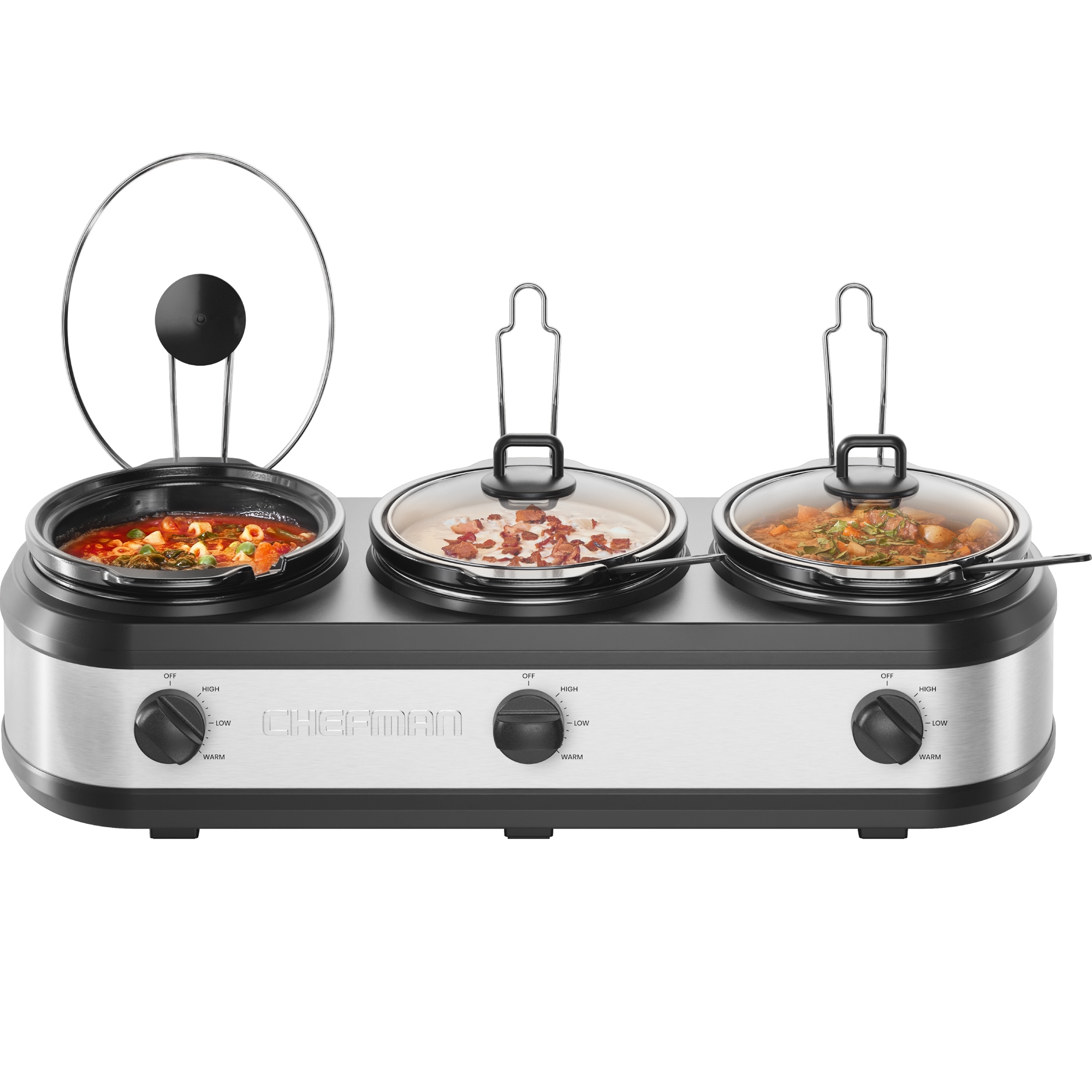 Chefman Triple Slow Cooker & Buffet Server, Three 2.5-Quart Inserts – Stainless Steel