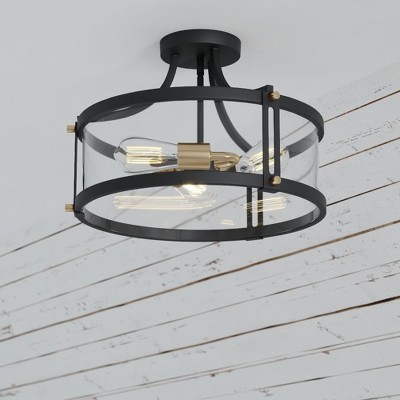 Noble Bronze Industrial Drum Flush Mount with Seeded Glass