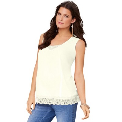 Roaman's Women's Plus Size Lace Trim Satin Tank