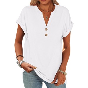 Women's Short Sleeve Henley Top V Neck Loose Fit Flowy Blouse Summer Casual Dressy Shirts Dressy Clothes - 1 of 4