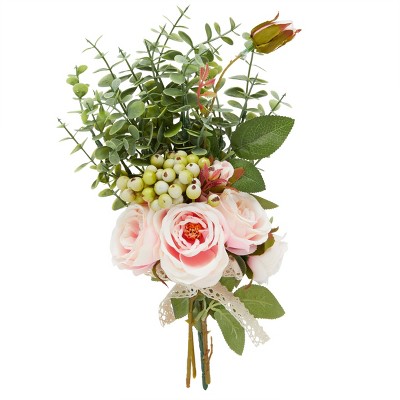Farmlyn Creek Artificial Flower Arrangements with White Ceramic Vase Pink Roses and Eucalyptus 