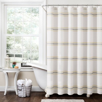 Yellow and white shop striped shower curtain