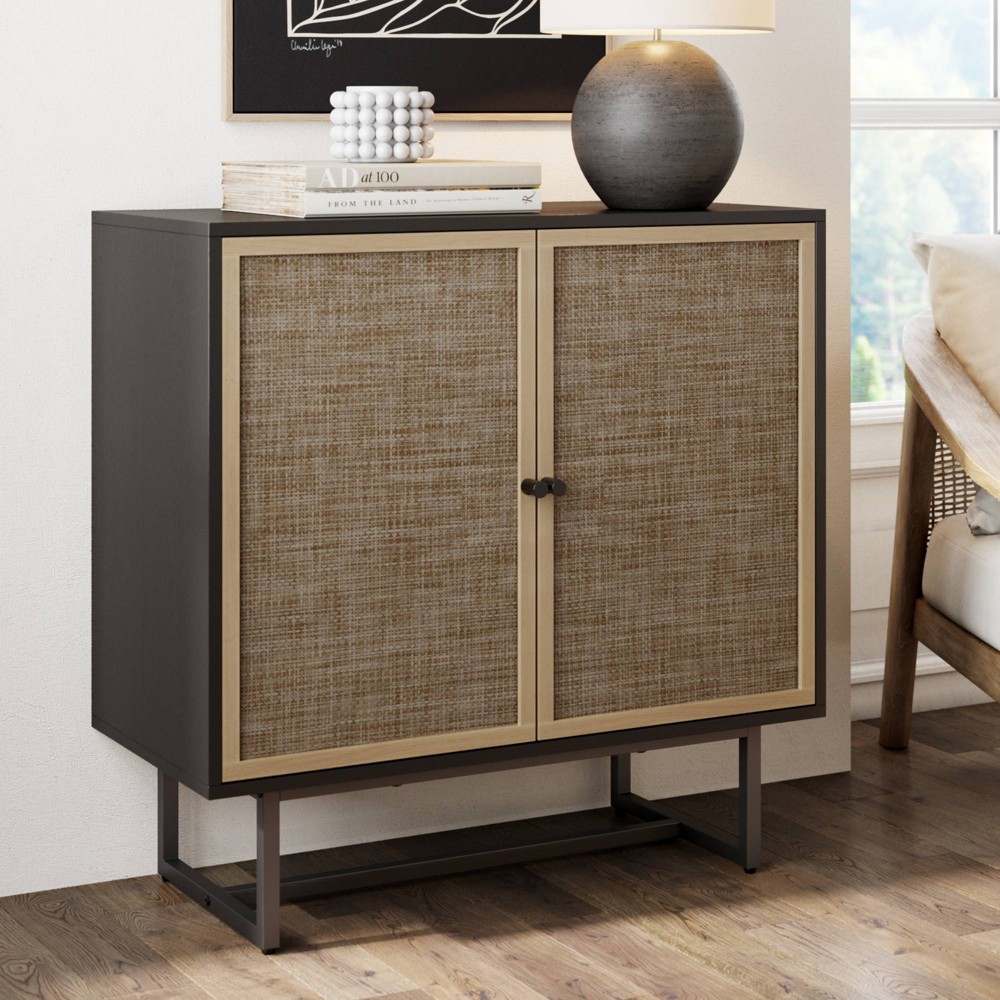 Photos - Dresser / Chests of Drawers Kova Wood and Rattan Storage Cabinet Black Oak/Matte Black - Nathan James