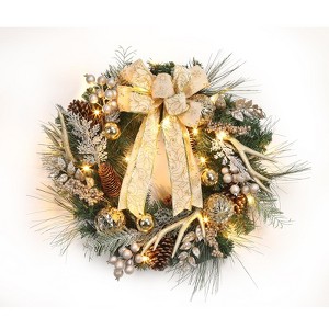 24-Inch Pre-Lit Christmas Wreath – 20 Warm White LED Lights, Pinecones, Berries, Gold Ball Ornaments, Bows & Antlers - 1 of 4