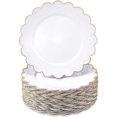 Sparkle and Bash 50 Pack White Disposable Plastic Plates with Gold Scalloped Edge 9 Inches