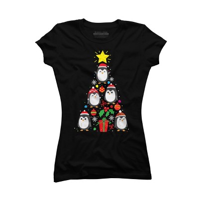Junior's Design By Humans Penguin Christmas Tree By NekoShop T-Shirt