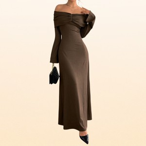 womens long brown dress EadianDree Sleeve Off Shoulder Maxi Ruched Bust Ribbed Knit Slim Fit Elegant Bodycon Evening Formal Gown Dresses,Coffee Satin Ombre Drape Neck Pair with dainty jewelry Hurt Size:40E