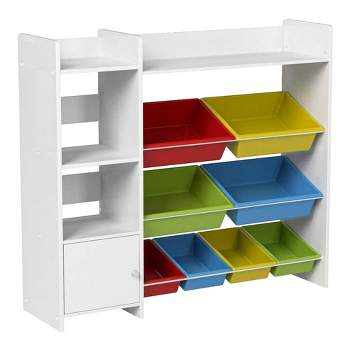 Sturdis Storage Organizer with Storage Bookshelf, Removable 2 Blue, 2 Yellow, 2 Red, and 2 Green Bins, Top Shelf, and Safety Anti-Bracket, White