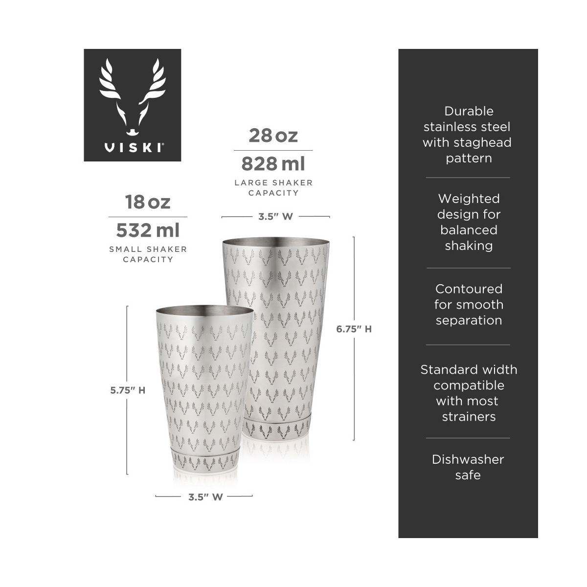 Viski Staghead Boston Shaker Tins, Stainless Steel Cocktail Shaker for Espresso Martini, Margarita, Wedding Gifts, Home Bar, 28 oz & 18 oz, Silver - thumbnail 3